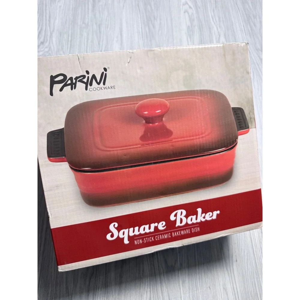 Parini Cookware Square Baker Non-Stick Ceramic Baking Dish with Lid Red Ombre